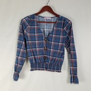 Crave Fame Shirt Juniors Medium Blue‎ Smocked Crop Top Plaid Long Bell Sleeve V